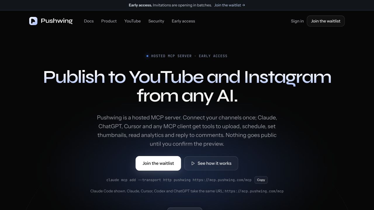 Pushwing public website showing its AI-connected publishing workflow